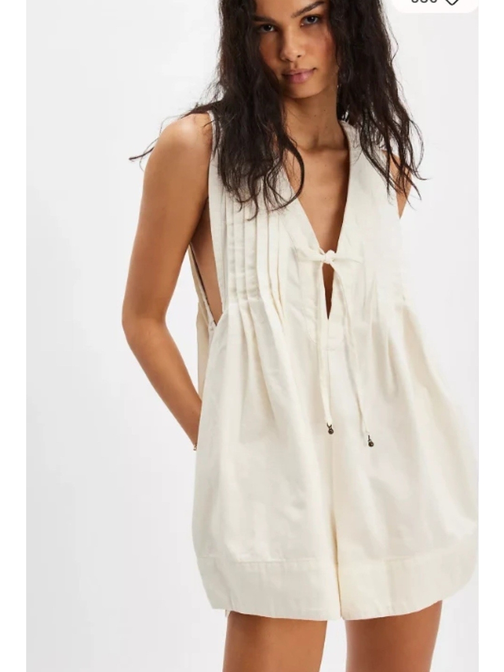 Free People Denim Webster Romper Ecru Wash Size L Pleated Cotton Boho Coastal FP